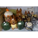 COMICAL BISCUIT BARRELS, A LARGE COMPOSITION SCOTTIE DOG, A DOG DECORATED TELEPHONE ETC...