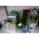 A COLLECTION OF COLOURED GLASS VASES AND A QUANTITY OF DECORATIVE NUGGETS/GLASS BEADS ETC....