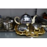 A CHROME COVERED POTTERY TEA SET OF 3 PIECES, VARIOUS ITEMS OF STAINLESS STEEL AND A GILT TWO