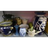 POTTERY VARIOUS TO INCLUDE; A LARGE ELEPHANT PLANT STAND, TWO HANDLED JARDINIERE, VASES ETC....