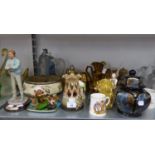 A MIXED SELECTION OF POTTERY TO INCLUDE; GILT COLOURED JUGS, FLOWER HOLDERS, FIGURNES, CANDLES,