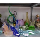 VARIOUS COLOURED GLASS ORNAMENTS TO INCLUDE; FRUIT, ELEPHANTS, DOLPHINS, SWAN SHAPED DISHES, GREEN