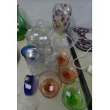 CUT GLASS SMALL SPIRIT DECANTER AND STOPPER; OVULAR GLASS VASE WITH COLOURED DOT DECORATION, CUT