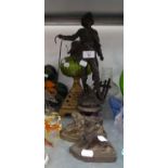 A VICTORIAN OIL LAMP WITH GREEN GLASS RESERVOIR AND GLASS FUNNEL (A.F.), A SPELTER FIGURE OF A BOY