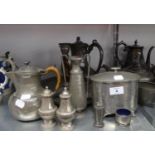 LARGE QUANTITY OF PEWTER WARES TO INCLUDE; TEAPOTS, JUGS, SALT AND PEPPER POTS, CANDLESTICK, TRAY