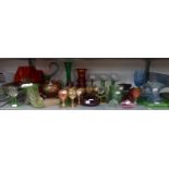 A SELECTION OF COLOURED GLASSWARES TO INCLUDE; A SET OF SIX GREEN STEM WINE GLASSES, A QUANTITY OF