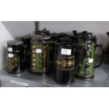 13 JACKFIELDS BLACK GLAZED JUGS, NINE HAVING PEWTER LIDS (13)