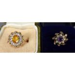 9ct GOLD YELLOW AND WHITE STONE SET RING and ANOTHER SE WITH AN AMETHYST AND SEED PEARLS, 5.7 gms