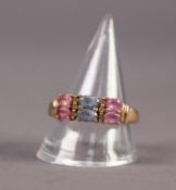 9ct GOLD RING set with a pair of oval aquamarines and two pairs of oval amethysts, separated by