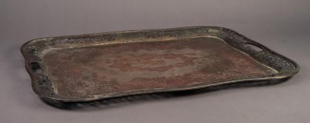 LEE & WIGFULL, ELECTROPLATED LARGE TWO HANDLED TRAY, of oblong form with cut-out handles to the