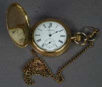 WALTHAM GOLD PLATED CASED GENTLEMAN's HUNTER POCKET WATCH on gilt metal chain