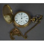 WALTHAM GOLD PLATED CASED GENTLEMAN's HUNTER POCKET WATCH on gilt metal chain