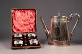 CASED SET OF FOUR ELECTROPLATED OPEN SALTS AND SPOONS, of square form with ball feet, retailed by