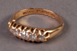 EARLY 20th CENTURY 18ct GOLD RING with a lozenge shaped setting of 5 diamonds, Birmingham hallmark