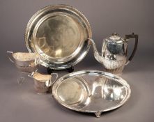 THREE PIECE ELECTROPLATED TEASET BY FRANK WOOD, SHEFFIELD, of part fluted oval form with black