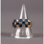 18ct GOLD, SAPPHIRE AND DIAMOND RING, the three row top set with 10 alternate sapphires and 7