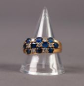 18ct GOLD, SAPPHIRE AND DIAMOND RING, the three row top set with 10 alternate sapphires and 7