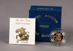 ROYAL MINT CASED AND CAPSULATED ELIZABETH II GOLD PROOF HALF SOVEREIGN 1985 (VF) in hard blue case