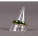 9ct GOLD RING SET WITH 5 GREEN STONES, in bar settings, ring size S, 2.2 gms