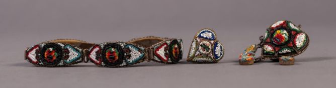 SUITE OF MICRO-MOSAIC JEWELLERY, comprising a five panel bracelet; a heart shaped brooch and a