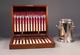 CASED SET OF TWELVE PAIRS OF ELECTROPLATED DESSERT KNIVES AND FORKS WITH BONE HANDLES, and