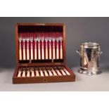 CASED SET OF TWELVE PAIRS OF ELECTROPLATED DESSERT KNIVES AND FORKS WITH BONE HANDLES, and