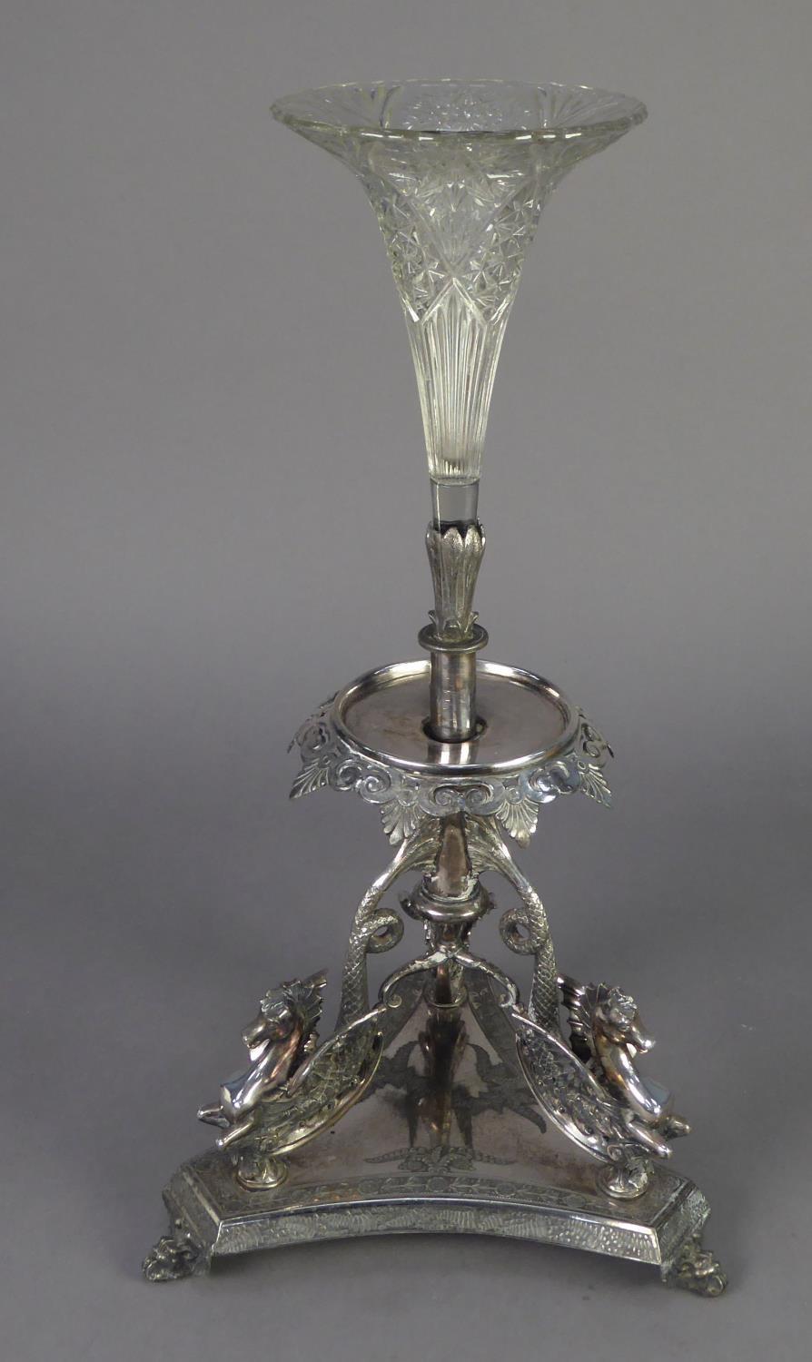 VICTORIAN ELECTROPLATED TABLE EPERGNE BY JAMES DIXON & SONS, the cut glass trumpet vase above a