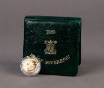 ROYAL MINT CASED AND CAPSULATED ELIZABETH II GOLD PROOF SOVEREIGN 1980 (VF) with outer card case