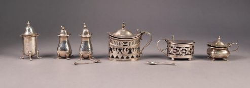 FIVE VICTORIAN AND LATER SILVER CONDIMENTS, comprising: OVAL, LIDDED, LARGE MUSTARD RECEIVER BY