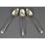 GEORGE III, SET OF THREE SILVER, EARLY ENGLISH PATTERN, TABLE SPOONS, initialled, 8 ½? (21.6cm)