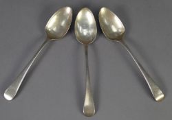 GEORGE III, SET OF THREE SILVER, EARLY ENGLISH PATTERN, TABLE SPOONS, initialled, 8 ½? (21.6cm)