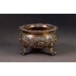 GEORGE V HEAVY QUALITY, ORNATE EMBOSSED SILVER LARGE OPEN SALT, of circular form with ornate