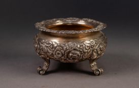 GEORGE V HEAVY QUALITY, ORNATE EMBOSSED SILVER LARGE OPEN SALT, of circular form with ornate