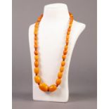 SINGLE STRAND NECKLACE OF BUTTERSCOTCH AMBER GRADUATED OVAL BEADS, with screw clasp, 25" (63.5cm)