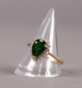 9ct GOLD, GREEN STONE AND TINY DIAMONDS CLUSTER RING, set with a centre tear shaped green stone