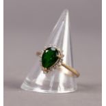 9ct GOLD, GREEN STONE AND TINY DIAMONDS CLUSTER RING, set with a centre tear shaped green stone