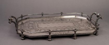 WALKER & HALL, LARGE TWO HANDLED ELECTROPLATED TRAY, of canted oblong form with scroll chased centre