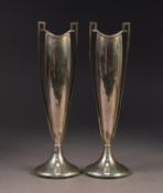 GEORGE V STYLISH PAIR OF TWO HANDLED WEIGHTED SILVER SPECIMEN VASES, each of slender oval footed