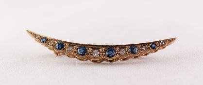 A TWENTIETH CENTURY 9ct GOLD CRESCENT SHAPE BROOCH, set with six tiny diamonds and six sapphire blue