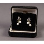 PAIR OF SILVER EARRINGS, spray pattern, each set with two cultured pearls and two peridots; a PAIR