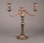 SILVER PLATED ON COPPER TWIN BRANCH, THREE LIGHT CANDELABRUM, of part fluted form with urn shaped