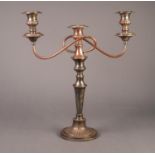 SILVER PLATED ON COPPER TWIN BRANCH, THREE LIGHT CANDELABRUM, of part fluted form with urn shaped