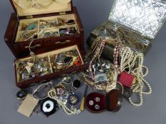 QUANTITY OF COSTUME JEWELLERY including simulated pearl necklace in contained in a wooden