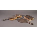 GEORGE V ENGINE TURNED SILVER BACKED FIVE PIECE DRESSING TABLE HAND MIRROR AND BRUSH SET, Birmingham