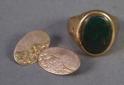 GENT'S 9ct GOLD SIGNET RING, the top set with an oval bloodstone, ring size R, 8.3 gms and one