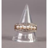 9ct GOLD HALF-HOOP RING set with a row of 6 small pearls between two rows each of 13 tiny
