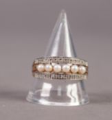 9ct GOLD HALF-HOOP RING set with a row of 6 small pearls between two rows each of 13 tiny