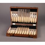 AN OAK CASE CONTAINING 12 PAIRS OS ELECTROPLATED FISH KNIVES AND FORKS with bone handles