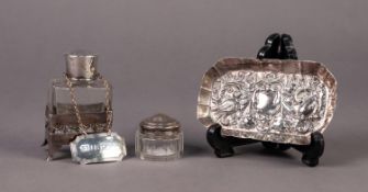 FOUR SMALL PIECES OF SILVER, comprising: OBLONG PIN DISH with floral embossed centre, 4 ½? x 2 ¾? (