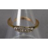 18ct GOLD RING with four tiny diamonds, in square setting, ring size J/K, 2 gms